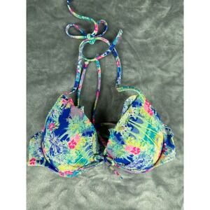 Victoria's Secret Bikini Top Womens 32B Multi Tropical‎ Palm Floral Push Up